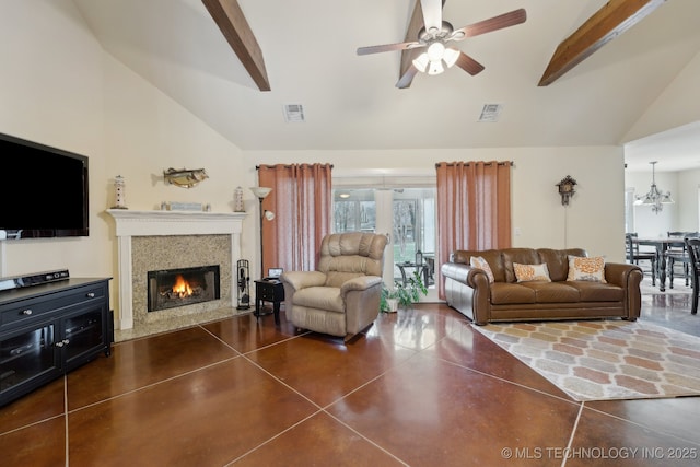 living room featuring visible vents, finished concrete floors, high vaulted ceiling, beam ceiling, and ceiling fan with notable chandelier