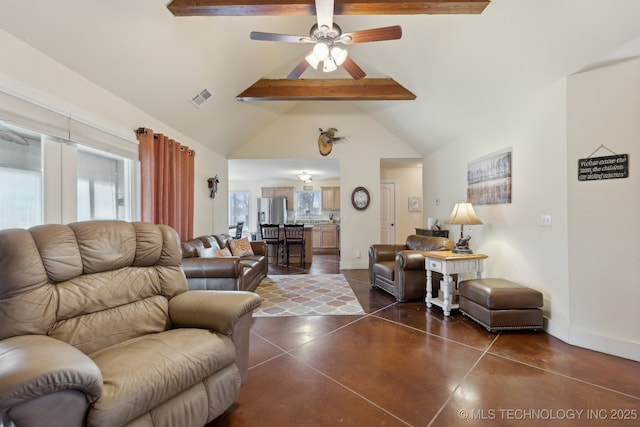 living area featuring finished concrete flooring, plenty of natural light, baseboards, visible vents, and beam ceiling