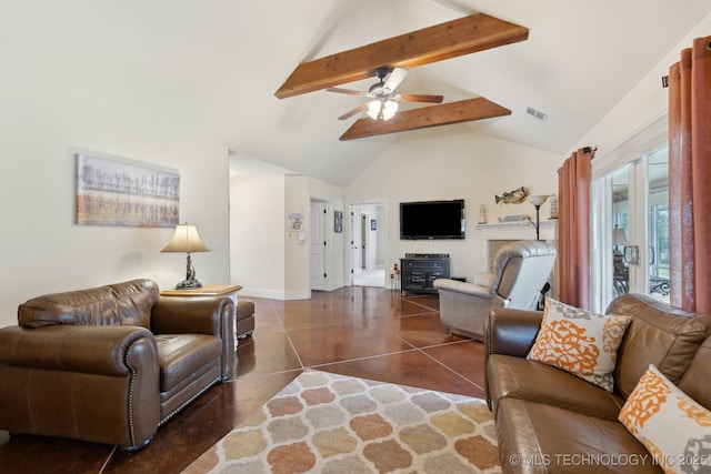 living area featuring ceiling fan, high vaulted ceiling, beamed ceiling, and visible vents