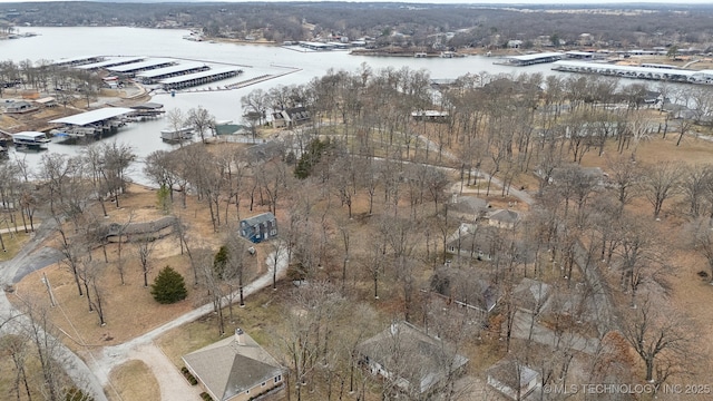 aerial view featuring a water view