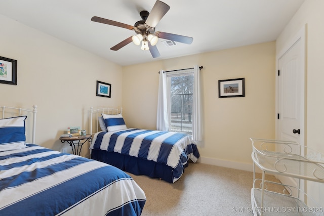 bedroom with baseboards, ceiling fan, visible vents, and light colored carpet