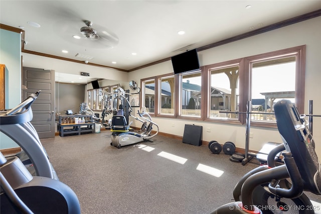 gym featuring recessed lighting, ornamental molding, baseboards, and ceiling fan