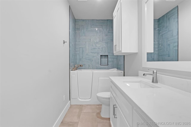 full bath with vanity, a bathing tub, toilet, baseboards, and tile patterned floors