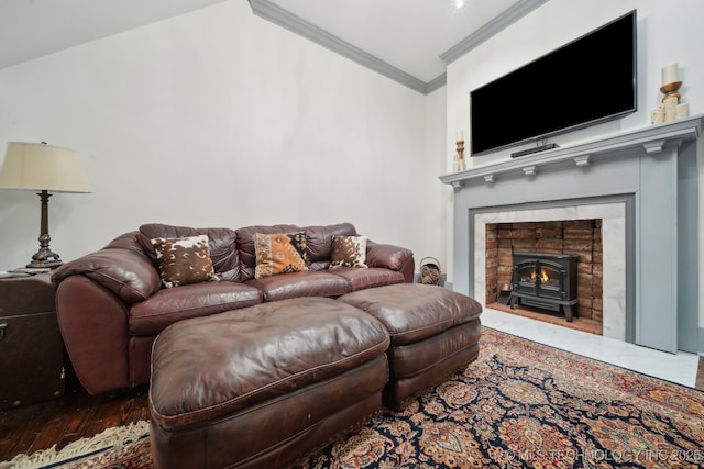 living room featuring ornamental molding and wood-type flooring