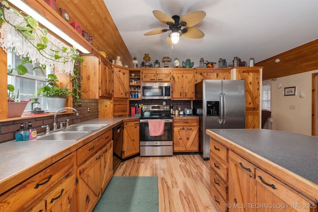 kitchen with brown cabinetry, light wood-style flooring, a sink, decorative backsplash, and stainless steel appliances