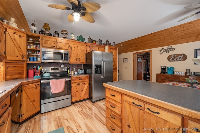 kitchen with visible vents, open shelves, backsplash, appliances with stainless steel finishes, and light wood finished floors