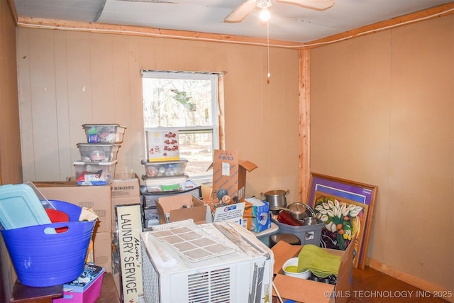 storage area featuring ceiling fan