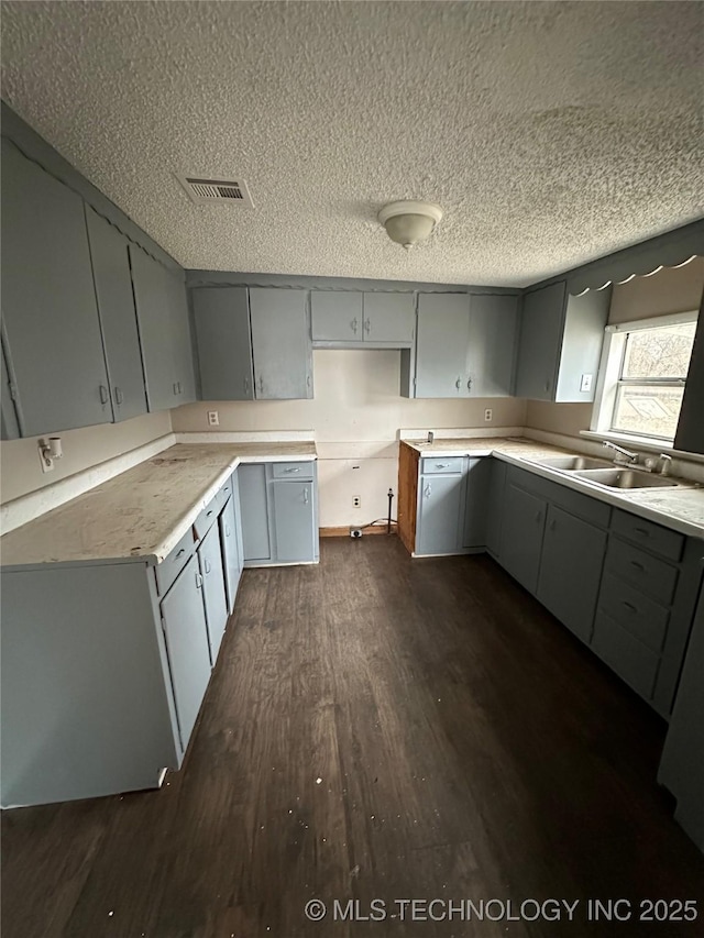 kitchen with sink, gray cabinetry, a textured ceiling, and dark hardwood / wood-style floors