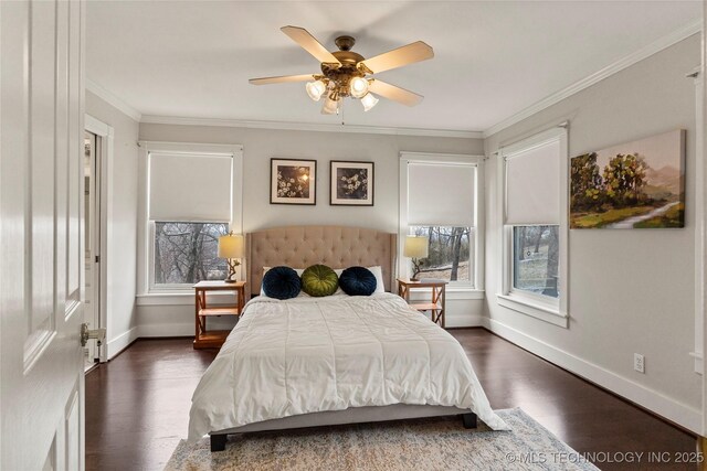 7637 S 26th W Ave, Tulsa, OK 74037 - bedroom with dark wood-style floors, baseboards, crown molding, and ceiling fan