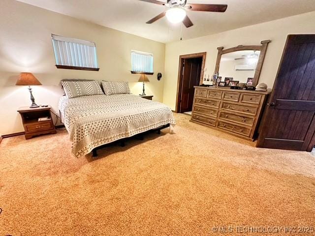 bedroom with light carpet and ceiling fan