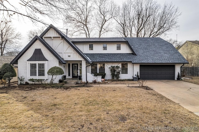 view of front of property with an attached garage, brick siding, concrete driveway, and roof with shingles