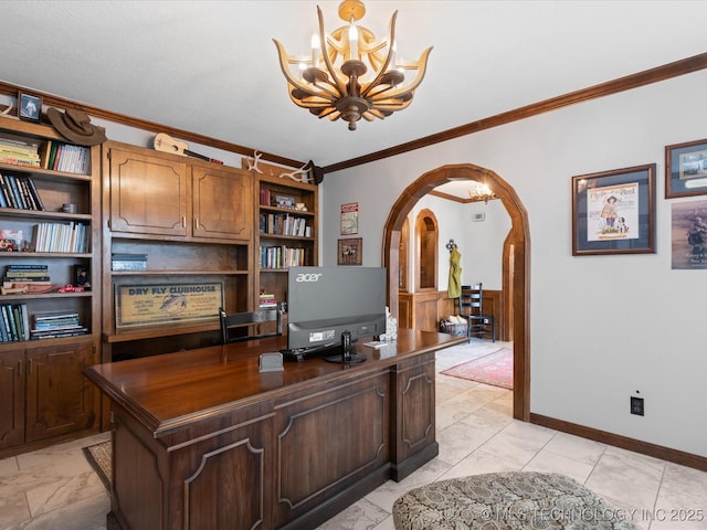 home office with ornamental molding and a notable chandelier