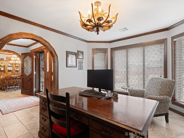 home office featuring ornamental molding, light tile patterned flooring, a chandelier, and a healthy amount of sunlight