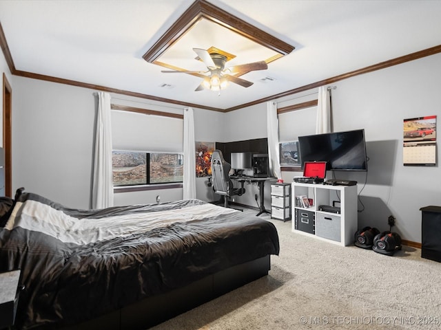 carpeted bedroom featuring ceiling fan and ornamental molding