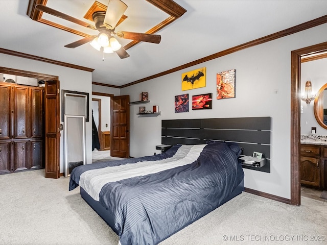 bedroom with ceiling fan, ornamental molding, ensuite bath, and light colored carpet