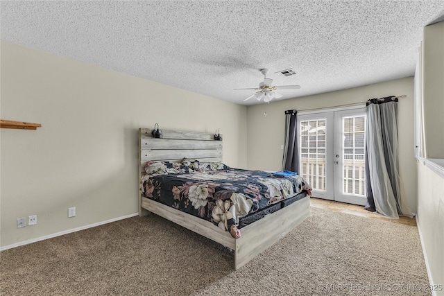 bedroom with carpet floors, french doors, visible vents, a textured ceiling, and access to outside