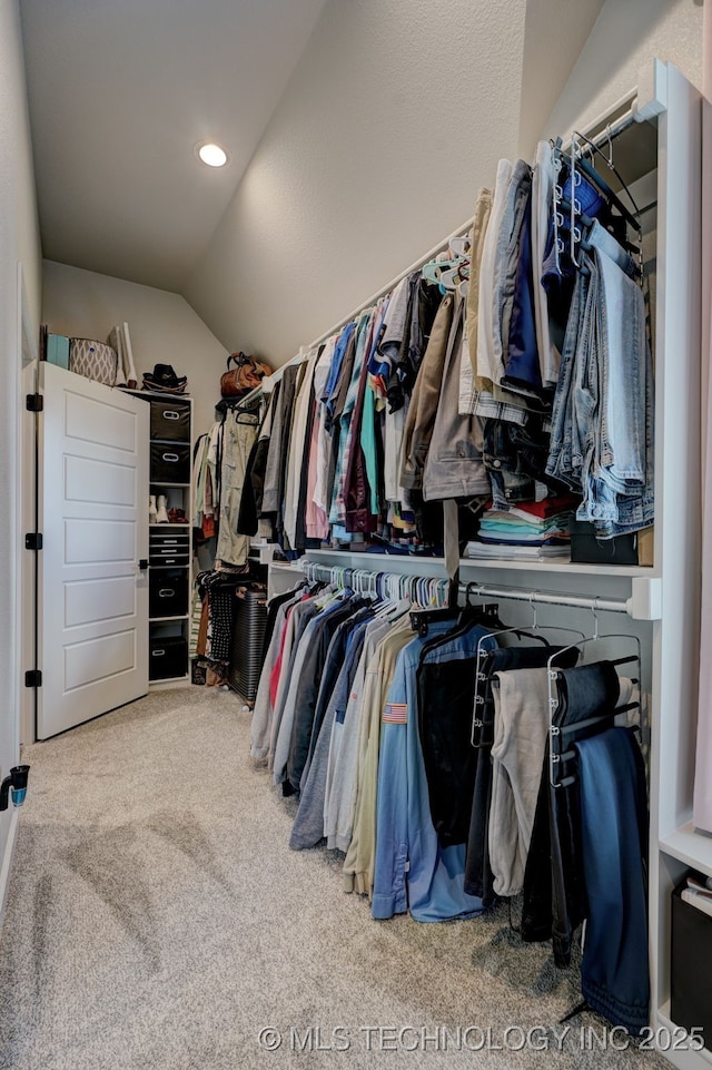 spacious closet with vaulted ceiling and carpet floors