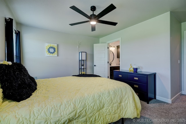 bedroom with carpet floors, baseboards, and a ceiling fan