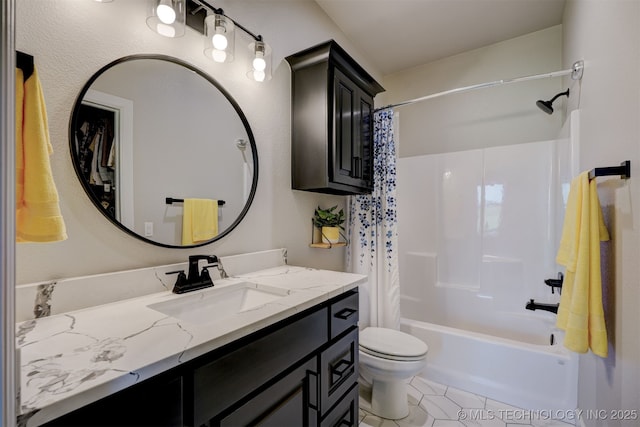 bathroom with tile patterned flooring, shower / tub combo with curtain, vanity, and toilet