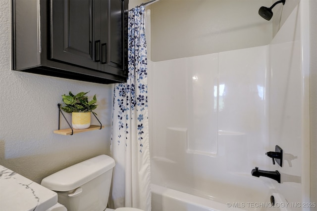 full bathroom with a textured wall, shower / bathtub combination with curtain, and toilet