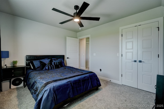 bedroom featuring carpet flooring, ceiling fan, and baseboards