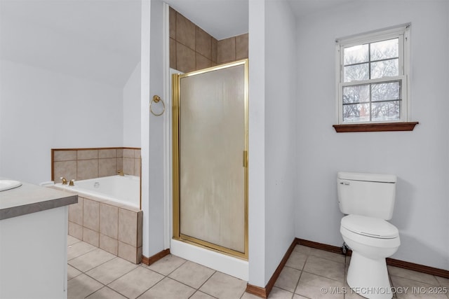 full bathroom with separate shower and tub, vanity, tile patterned flooring, and toilet