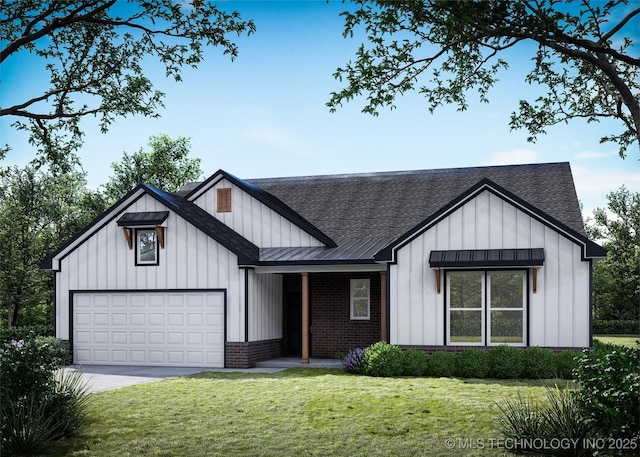 modern inspired farmhouse featuring a front lawn and a garage