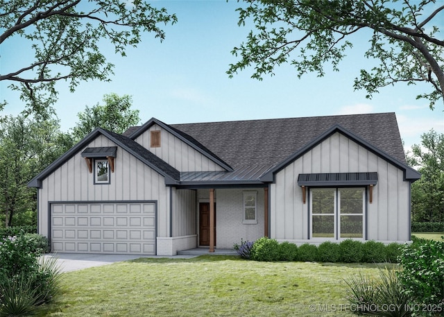 modern inspired farmhouse featuring brick siding, a front lawn, a shingled roof, and board and batten siding