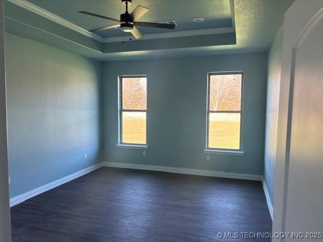 empty room with a wealth of natural light, a tray ceiling, and baseboards