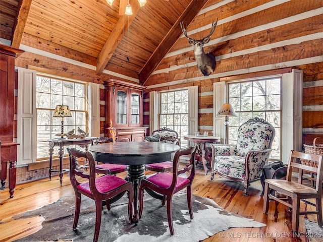 dining room featuring light hardwood / wood-style floors, wood ceiling, and lofted ceiling with beams