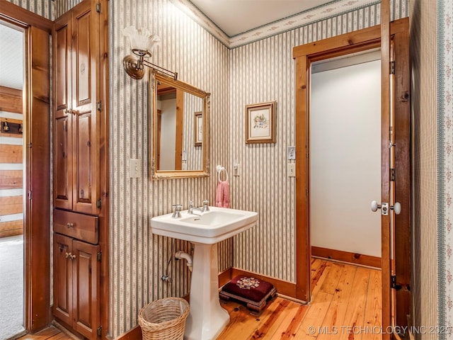 bathroom with hardwood / wood-style flooring and sink