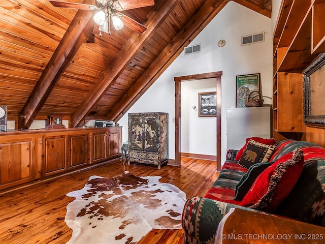 living area with ceiling fan, wood ceiling, vaulted ceiling with beams, and wood-type flooring