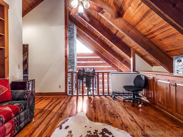 office area with vaulted ceiling with beams, wood-type flooring, and wood ceiling