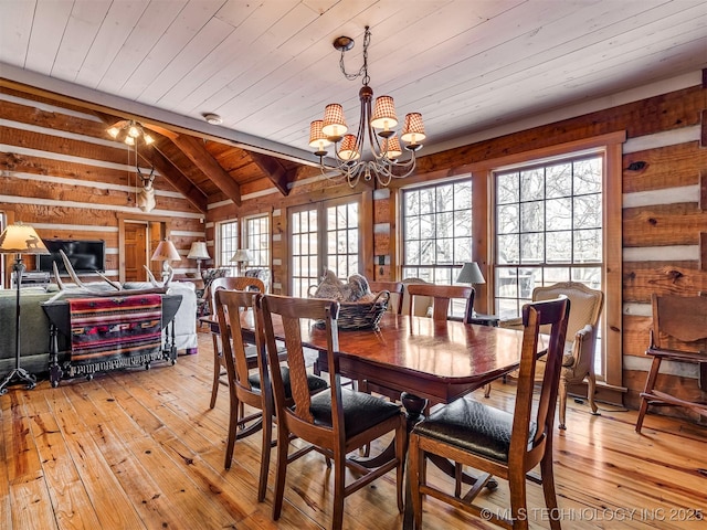 dining space with light hardwood / wood-style floors, a chandelier, wooden ceiling, and lofted ceiling with beams