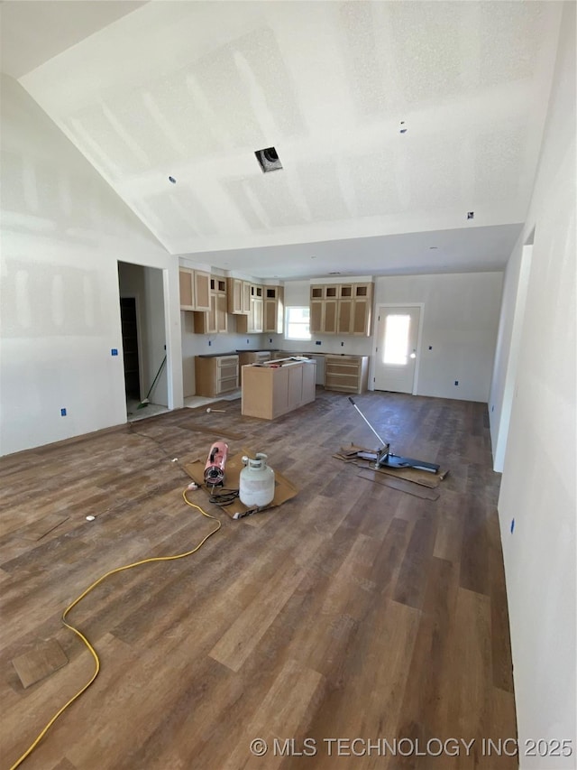 unfurnished living room featuring sink, vaulted ceiling, dark hardwood / wood-style floors, and a textured ceiling