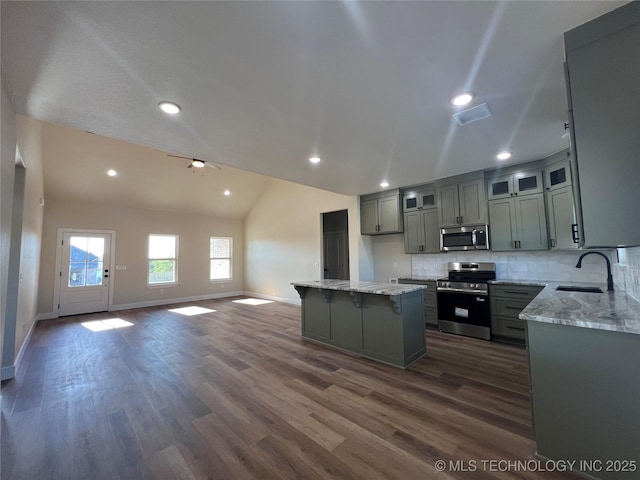 kitchen featuring dark wood-style flooring, vaulted ceiling, open floor plan, appliances with stainless steel finishes, and a sink