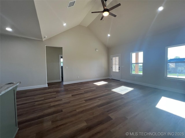 unfurnished living room featuring visible vents, high vaulted ceiling, recessed lighting, and a ceiling fan
