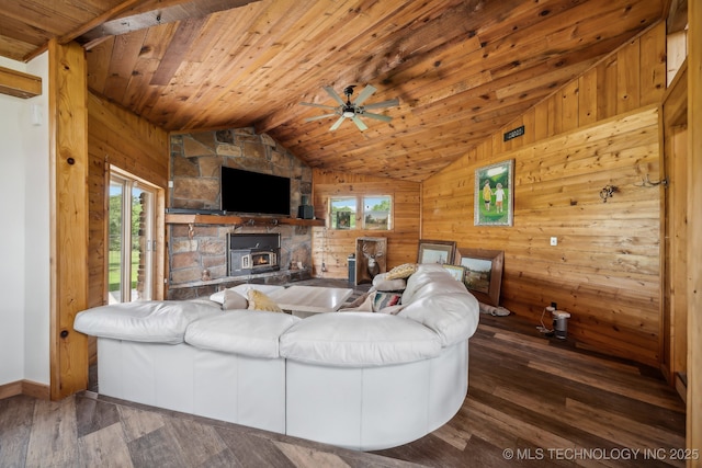 42900 W 11th St, Terlton, OK 74081 - living area with vaulted ceiling, wood walls, ceiling fan, wooden ceiling, and wood-type flooring