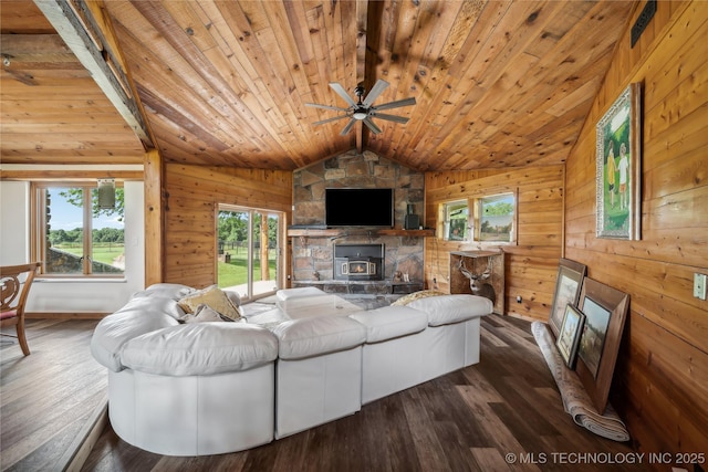 living room featuring lofted ceiling, wooden walls, wood ceiling, and dark hardwood / wood-style floors