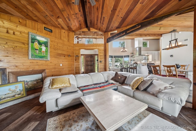 42900 W 11th St, Terlton, OK 74081 - living room featuring wood finished floors, a chandelier, wooden ceiling, and wooden walls