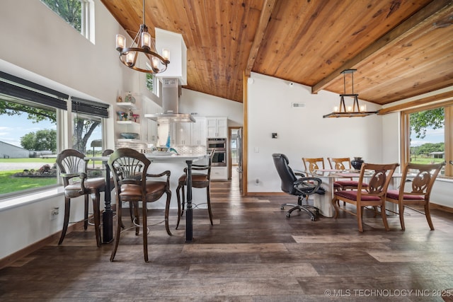 42900 W 11th St, Terlton, OK 74081 - dining space featuring a chandelier, wooden ceiling, high vaulted ceiling, dark wood-style flooring, and baseboards