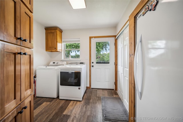 laundry area featuring cabinets, dark hardwood / wood-style floors, and washer and clothes dryer