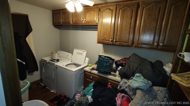 laundry area featuring ceiling fan, cabinets, and washer and clothes dryer