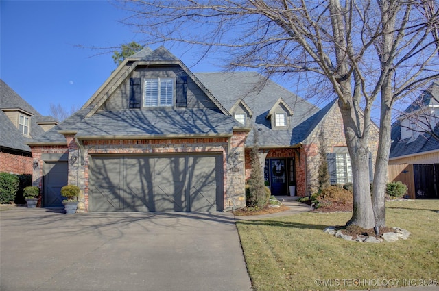 view of front of house featuring roof with shingles, driveway, a garage, brick siding, and a front yard