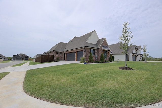 view of front facade with brick siding, a front yard, driveway, and a garage