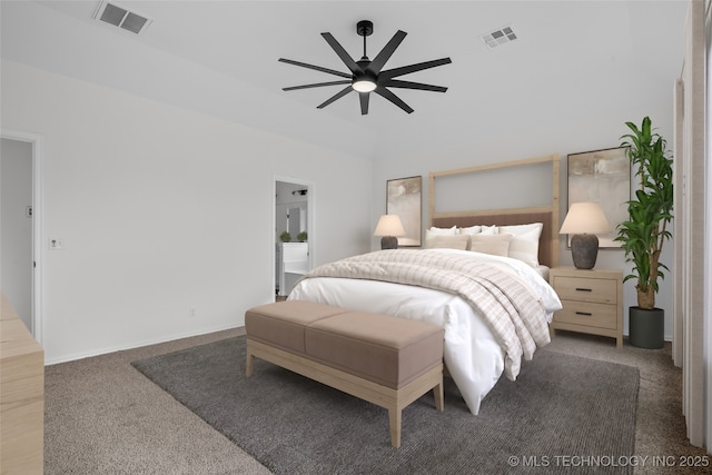 bedroom featuring dark colored carpet, visible vents, and a ceiling fan