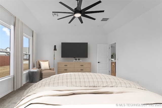 bedroom featuring a tray ceiling, visible vents, ceiling fan, and carpet flooring