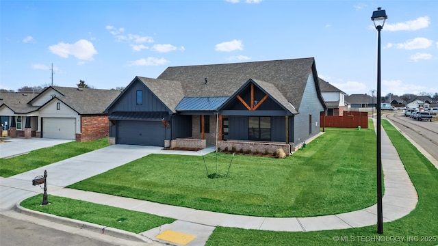 view of front of home with brick siding, concrete driveway, board and batten siding, a residential view, and a standing seam roof