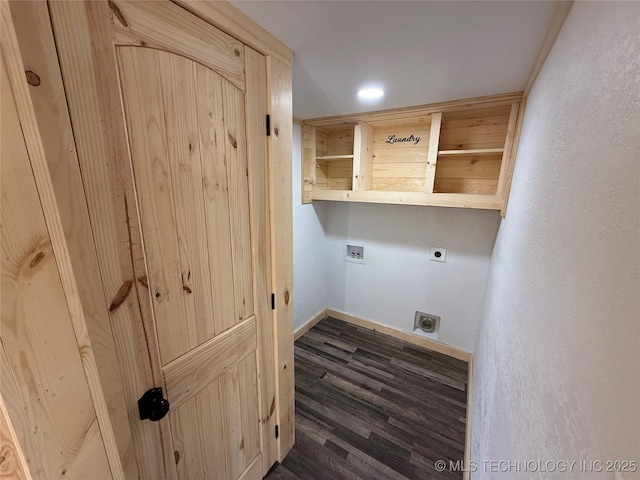 laundry room featuring laundry area, baseboards, dark wood finished floors, washer hookup, and electric dryer hookup