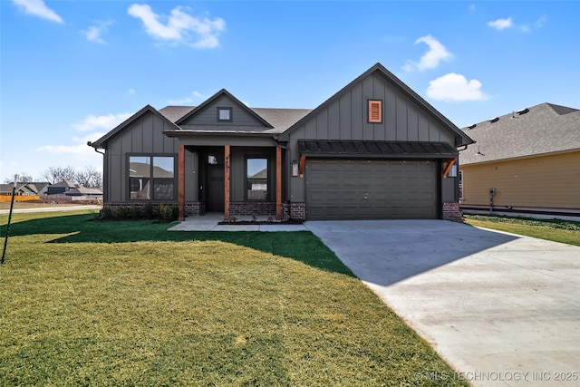 view of front facade featuring driveway, a front lawn, board and batten siding, and brick siding